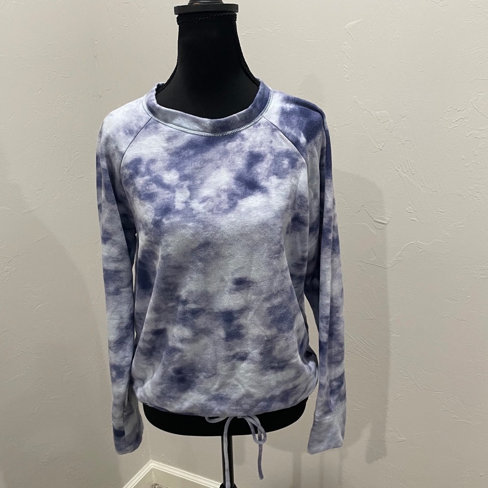 Gap Women Blue White Tie Dye Raglan Long Sleeve Drawstring Sweatshirt Small